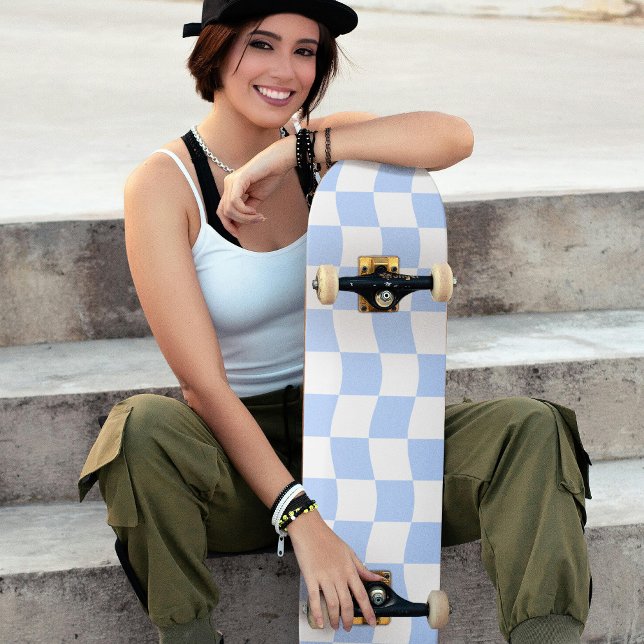 Pastel Blue White Wavy Chequerboard Pattern Skateboard (Pastel Blue White Wavy Checkerboard Pattern Skateboard)