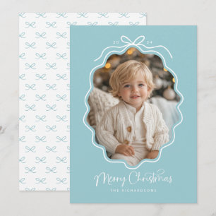 Pastel Blue White Wavy Retro Photo Holiday Card