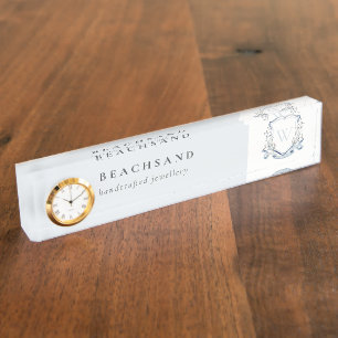 Pastel Blue Wildflower Watercolor Crest Monogram Nameplate