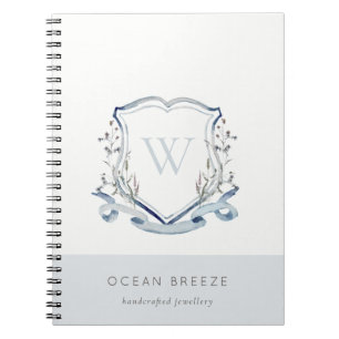 Pastel Blue Wildflower Watercolor Crest Monogram Notebook