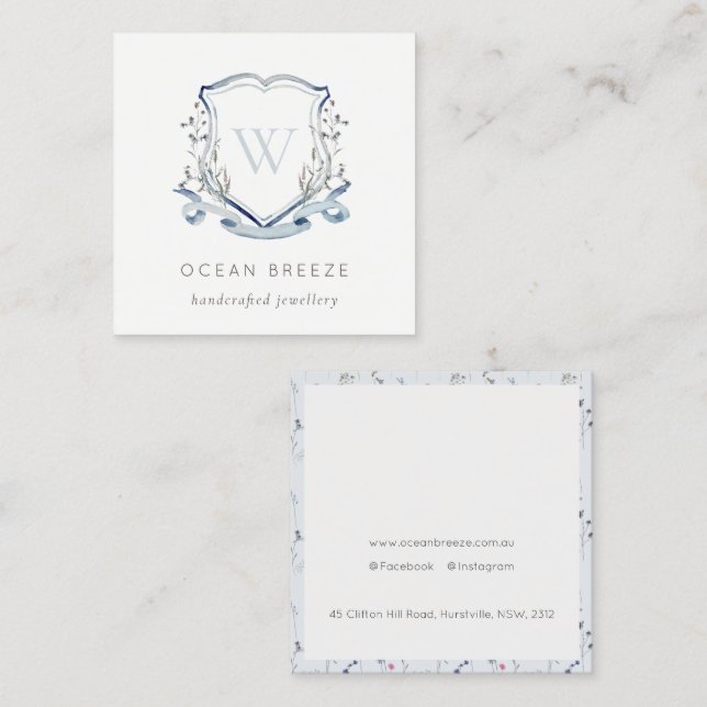 Pastel Blue Wildflower Watercolor Crest Monogram Square Business Card (Front/Back)