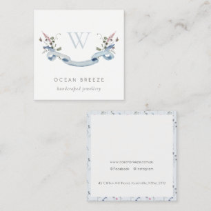 Pastel Blue Wildflower Watercolor Ribbon Monogram Square Business Card