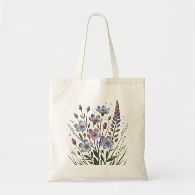Pastel Blue Wildflowers – Minimalist Botanical Tote Bag (Front)