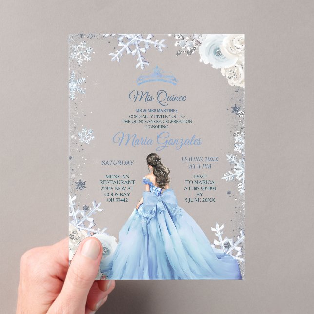 Pastel Blue Winter Snow Floral Princess Mis Quince Acrylic Invitations (Insitu (Handheld))