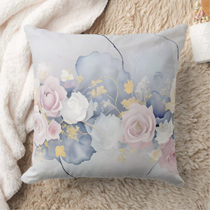 PASTEL BLUE WITH PINK & WHITE ROSE FLOWERS THROW PILLOW