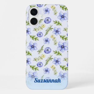 Pastel Blue Yellow Floral Greenery Pattern Custom  iPhone 16 Plus Case