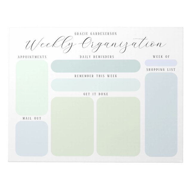 Pastel Blues and Greens Custom Weekly Organization Notepad (Front)