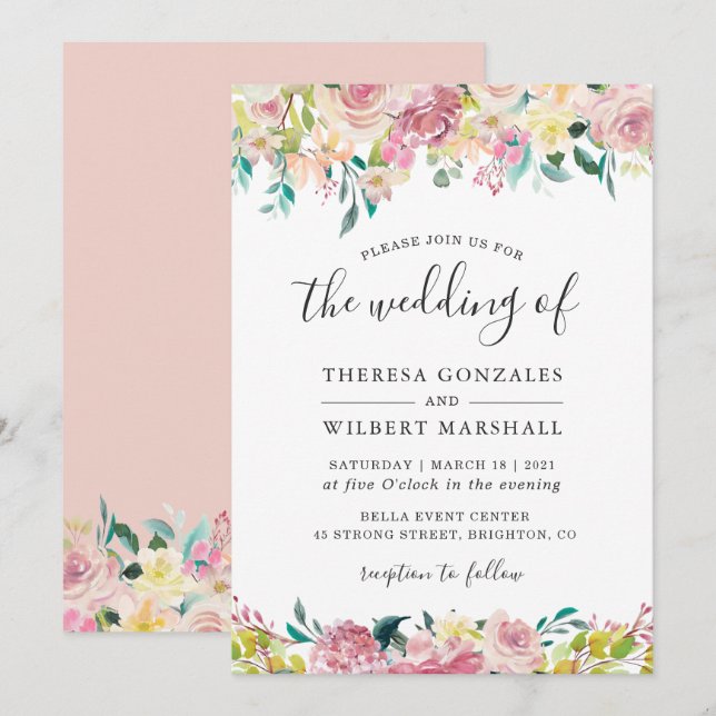 Pastel Blush Botanical Wedding Invitation (Front/Back)