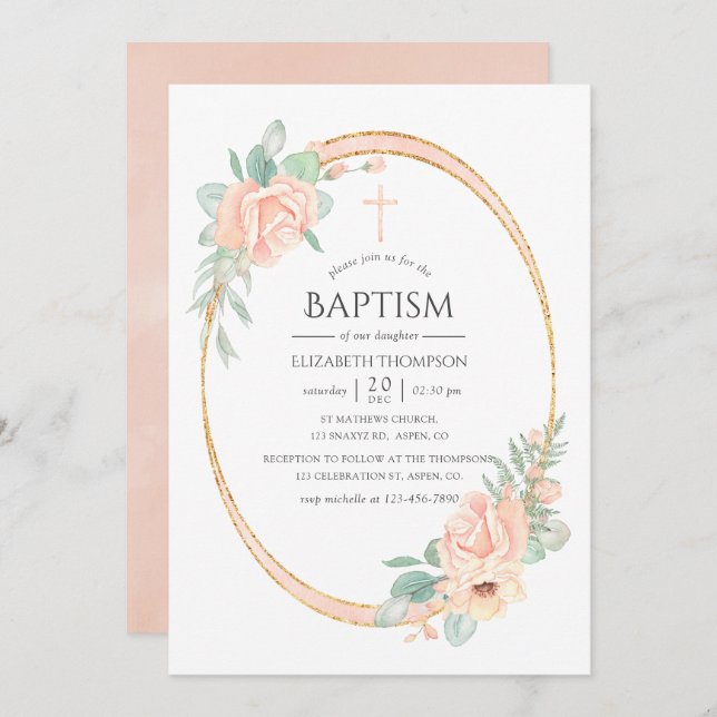 Pastel Blush Floral Geometric Baptism Invitation (Front/Back)