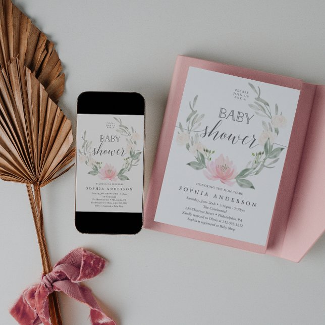 Pastel Blush Floral Greenery Baby Shower Invitation (Creator Uploaded)