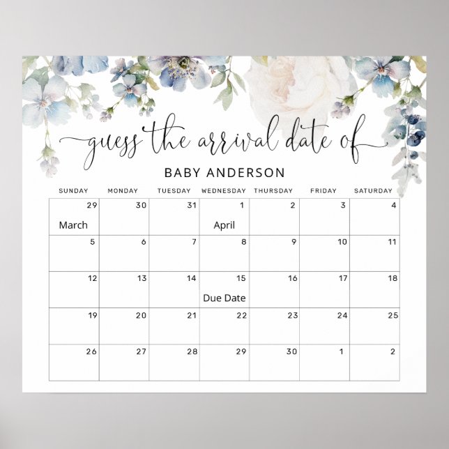 Pastel Blush Floral Guess Baby Due Date Calendar Poster (Front)