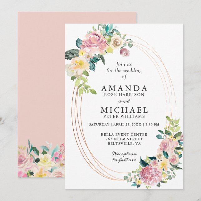 Pastel Blush Floral Oval Wedding Invitation (Front/Back)