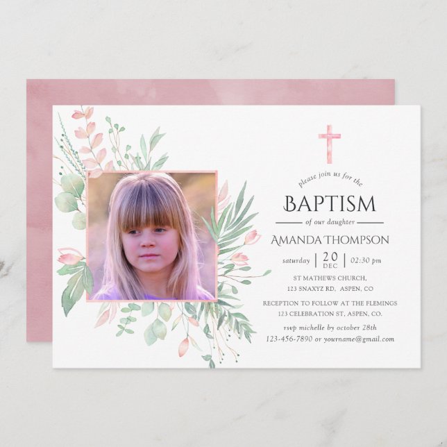 Pastel Blush Greenery Baptism or Christening Invitation (Front/Back)