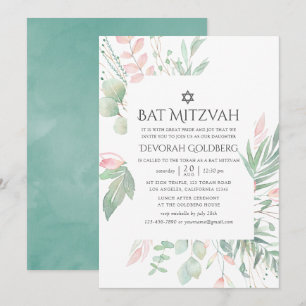 Pastel Blush Greenery Bat Mitzvah Invitation