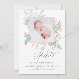 Pastel Blush Greenery Birth Announcement Card