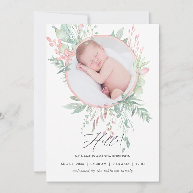 Pastel Blush Greenery Birth Announcement Card (Front)