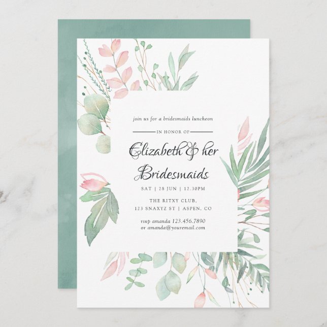 Pastel Blush Greenery Bridesmaids Luncheon Invitation (Front/Back)