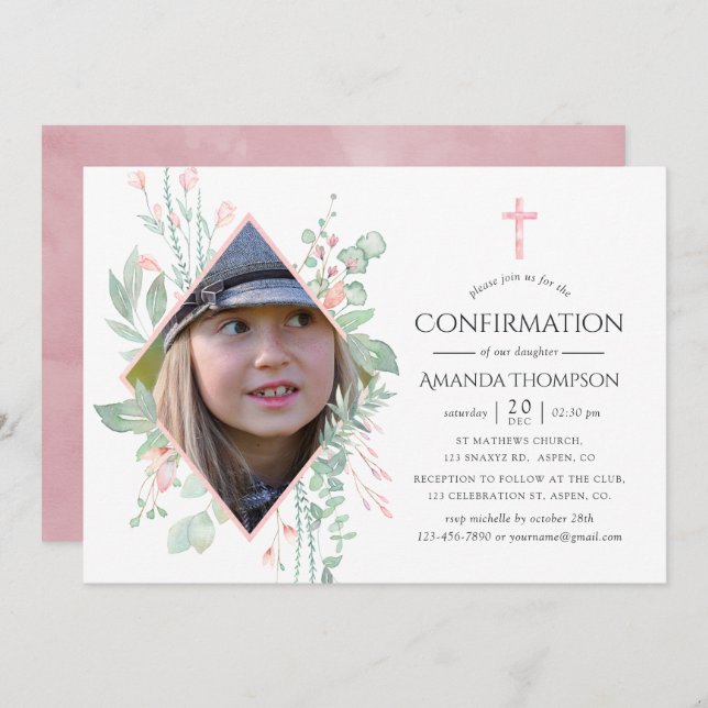 Pastel Blush Greenery Confirmation Invitation (Front/Back)