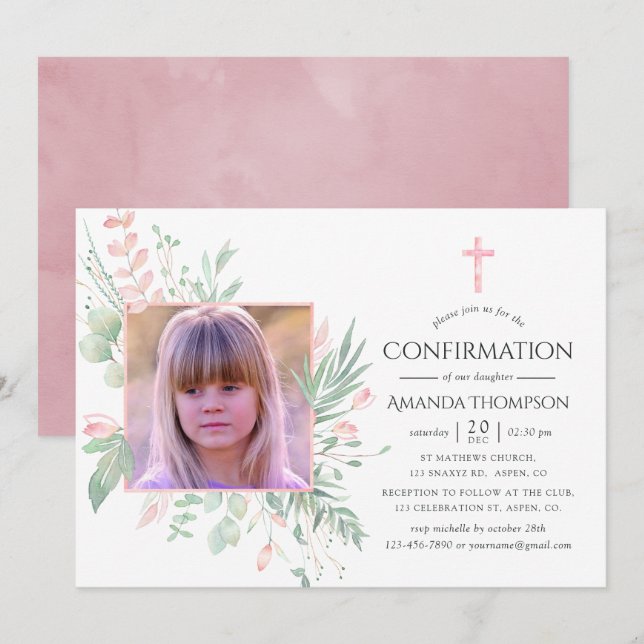 Pastel Blush Greenery Confirmation Invitation (Front/Back)