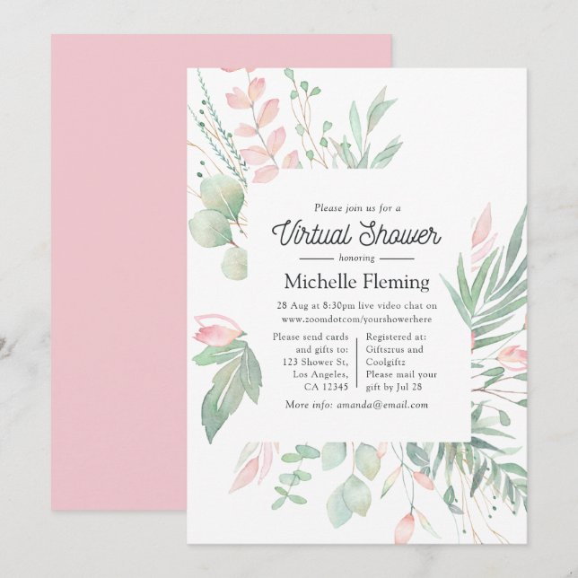 Pastel Blush Greenery Virtual Baby Shower Invitation (Front/Back)