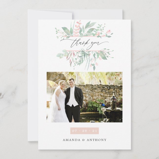 Pastel Blush Greenery Wedding Photo Collage Thank You Card (Front)