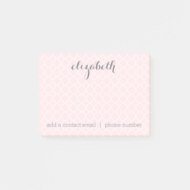 Pastel Blush & Grey Quatrefoil Pattern Custom Name Post-it Notes (Front)