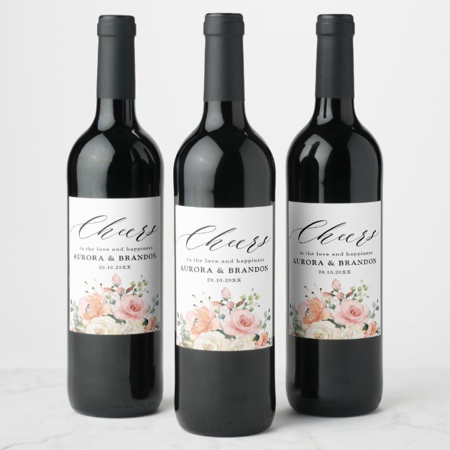 Pastel Blush Ivory Pink Floral Botanical Wedding Wine Label (Bottles)