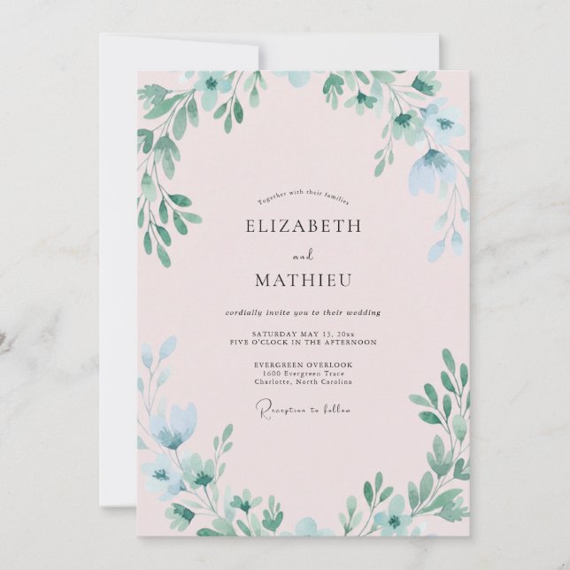 Pastel Blush Leafy Wedding Invitation (Front)