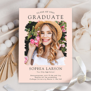 Pastel Blush Navy Brush Stroke Photo Graduation Announcement