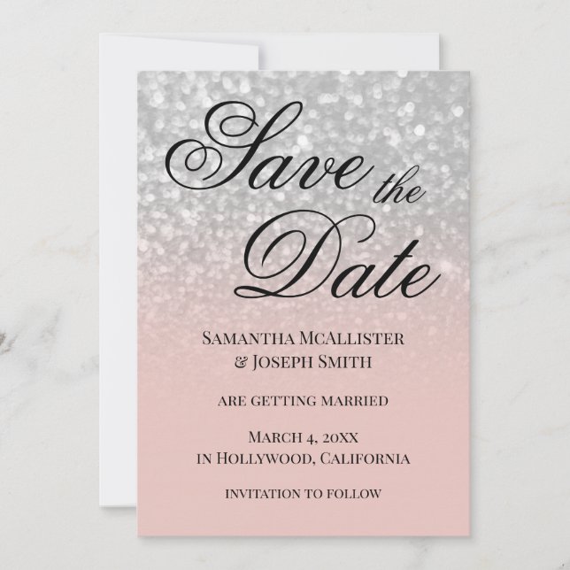 Pastel Blush Ombre Silver Glitter Save the Date Invitation (Front)