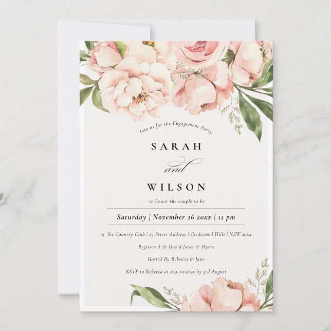 Pastel Blush Peach Peony Floral Engagement Invite (Front)