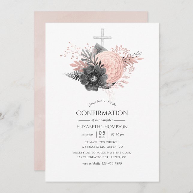 Pastel Blush Pink and Charcoal Floral Confirmation Invitation (Front/Back)