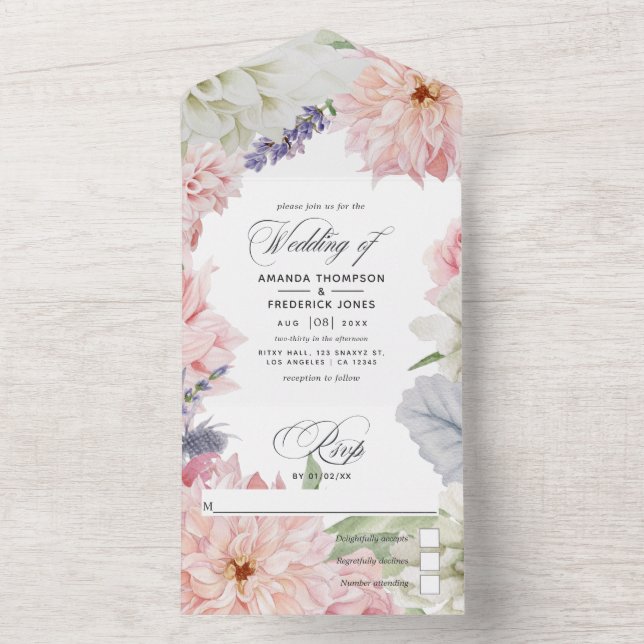Pastel Blush Pink Dahlia Wedding All In One Invita All In One Invitation (Inside)