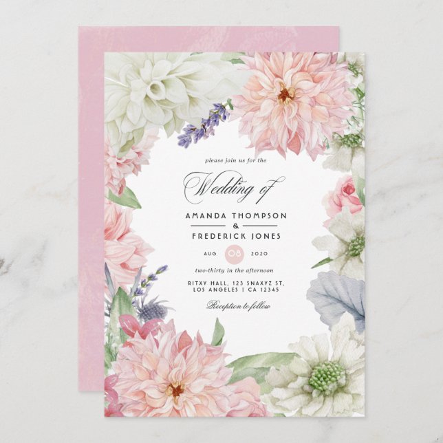 Pastel Blush Pink Dahlia Wedding Invitation (Front/Back)