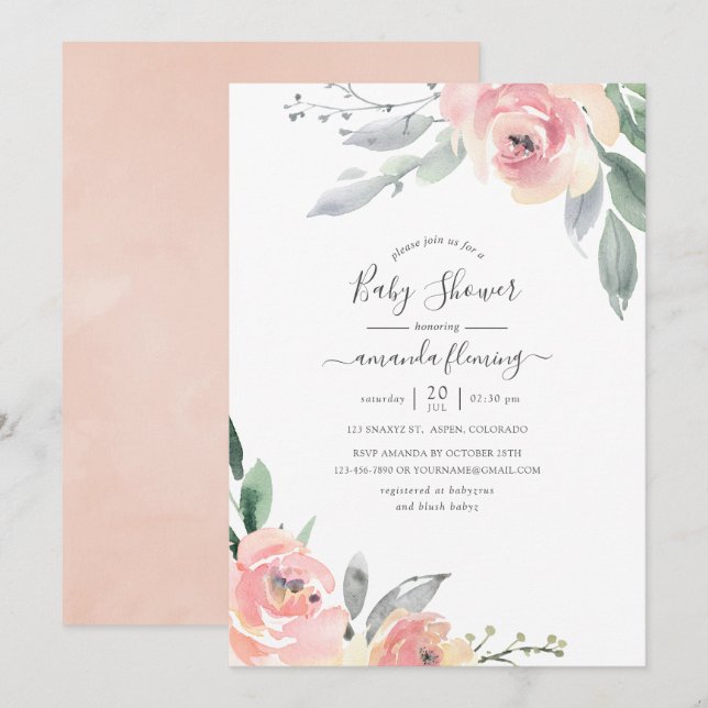 Pastel Blush Pink Floral Baby Shower Invitation (Front/Back)