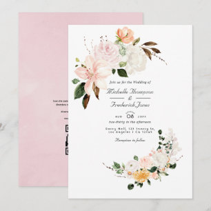 Pastel Blush Pink Floral QR Code RSVP Wedding Invitation