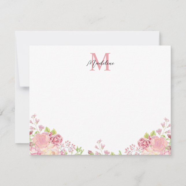 Pastel Blush Pink Floral Roses Script Monogram Card (Front)