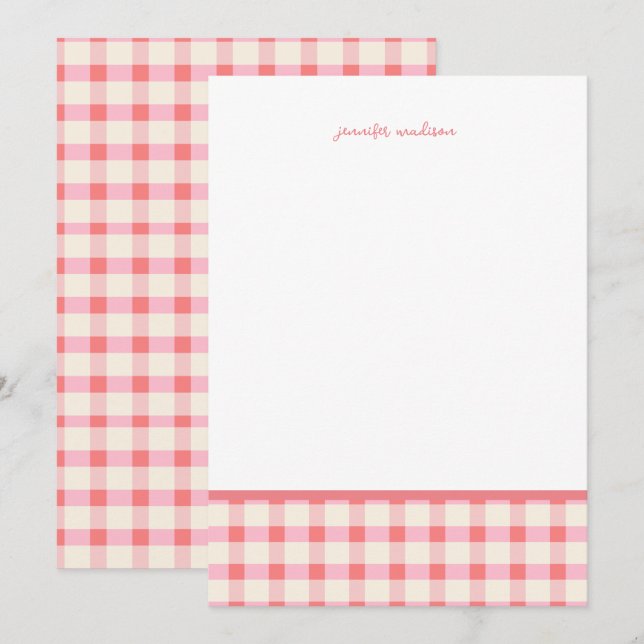 Pastel Blush Pink Gingham Plaid Check Note Card  (Front/Back)
