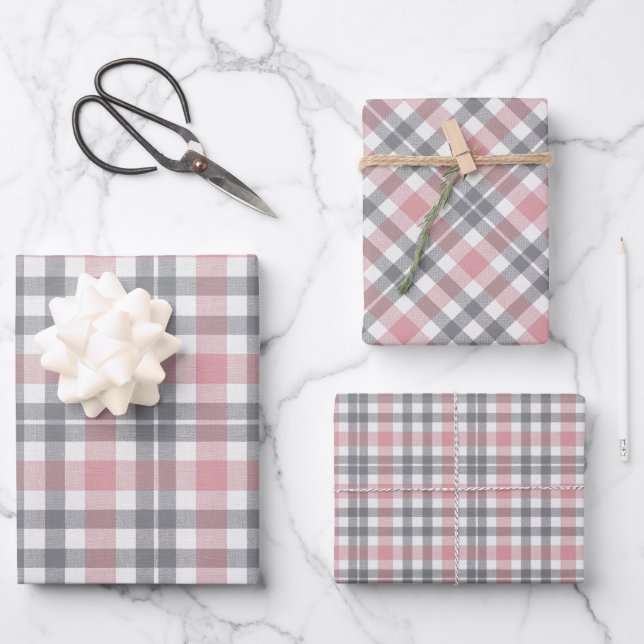 Pastel Blush Pink Gray White Plaid Pattern Wrapping Paper Sheet (Front)