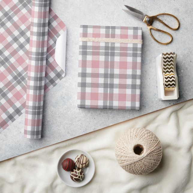 Pastel Blush Pink Grey White Plaid Pattern Wrapping Paper (Crafts)