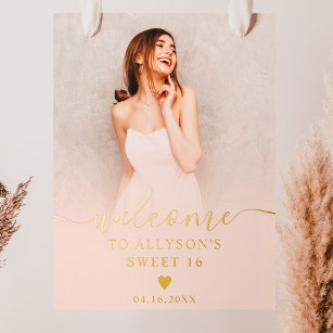 Pastel Blush pink ombre photo Sweet 16 welcome Foil Prints