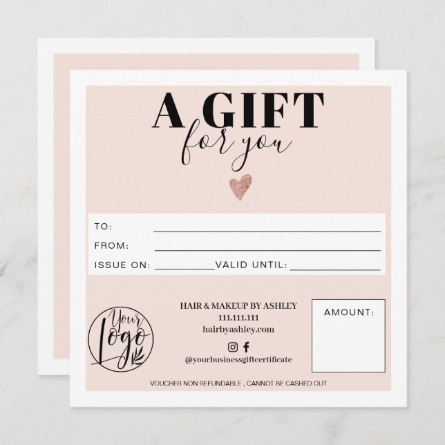 Pastel blush pink square gift certificate logo (Front/Back)