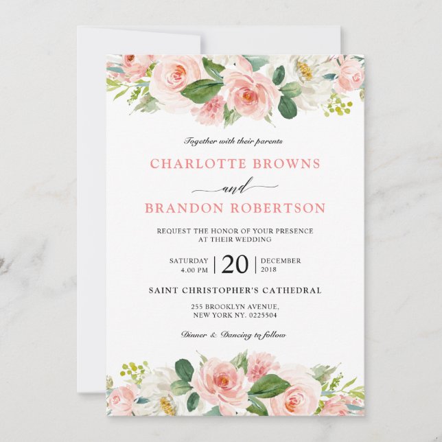 Pastel Blush Pretty Pink Floral Botanical Wedding Invitation (Front)