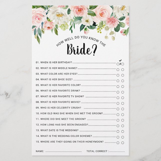 Pastel Blush Pretty Pink Floral Bridal Shower Game (Front)