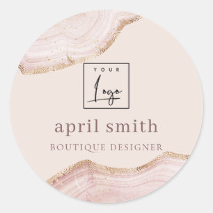  Pastel Blush Rose Gold Agate Marble Texture Logo Classic Round Sticker