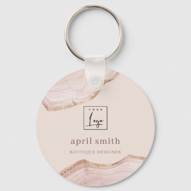  Pastel Blush Rose Gold Agate Marble Texture Logo Keychain (Front)