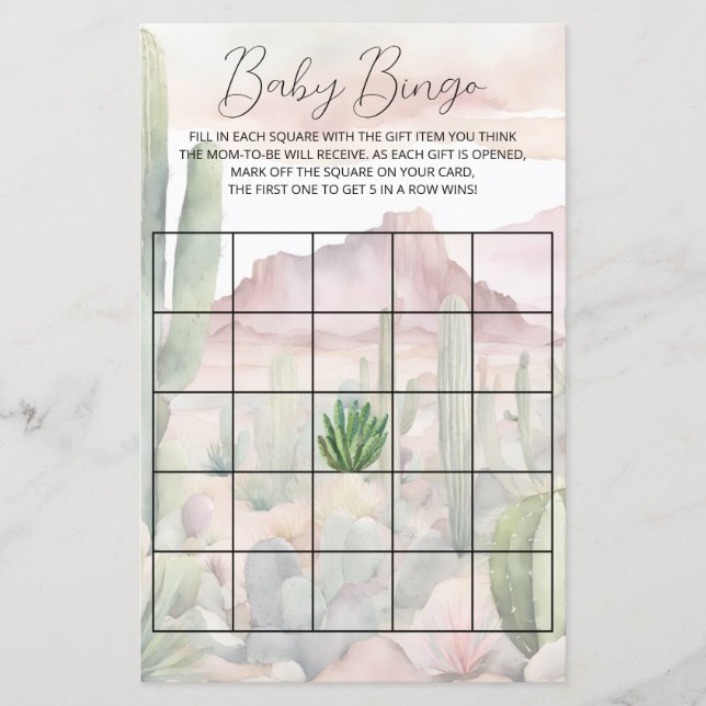 Pastel Boho Desert Cactus Baby Shower Bingo Game (Front)