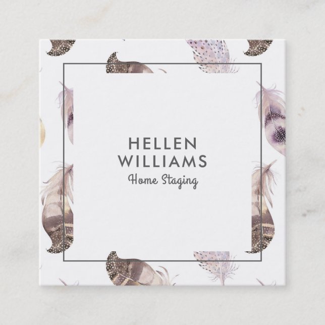 Pastel boho feathers pattern square business card (Front)