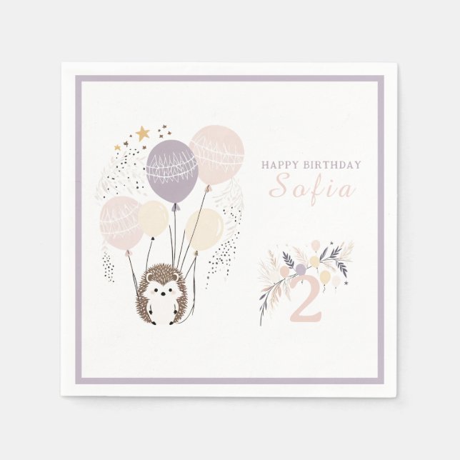 Pastel Boho Hedgehog and Balloons Birthday Napkin (Front)
