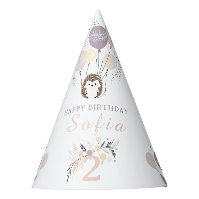 Pastel Boho Hedgehog and Balloons Birthday Party Hat (Front)